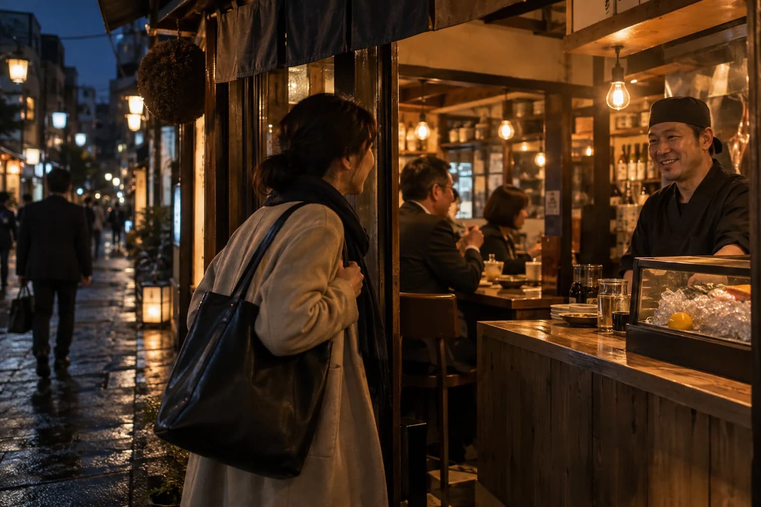 飲食店が並ぶ街を歩き、自分に合うお店を探す様子(イメージ・掲載店舗の実写ではありません)