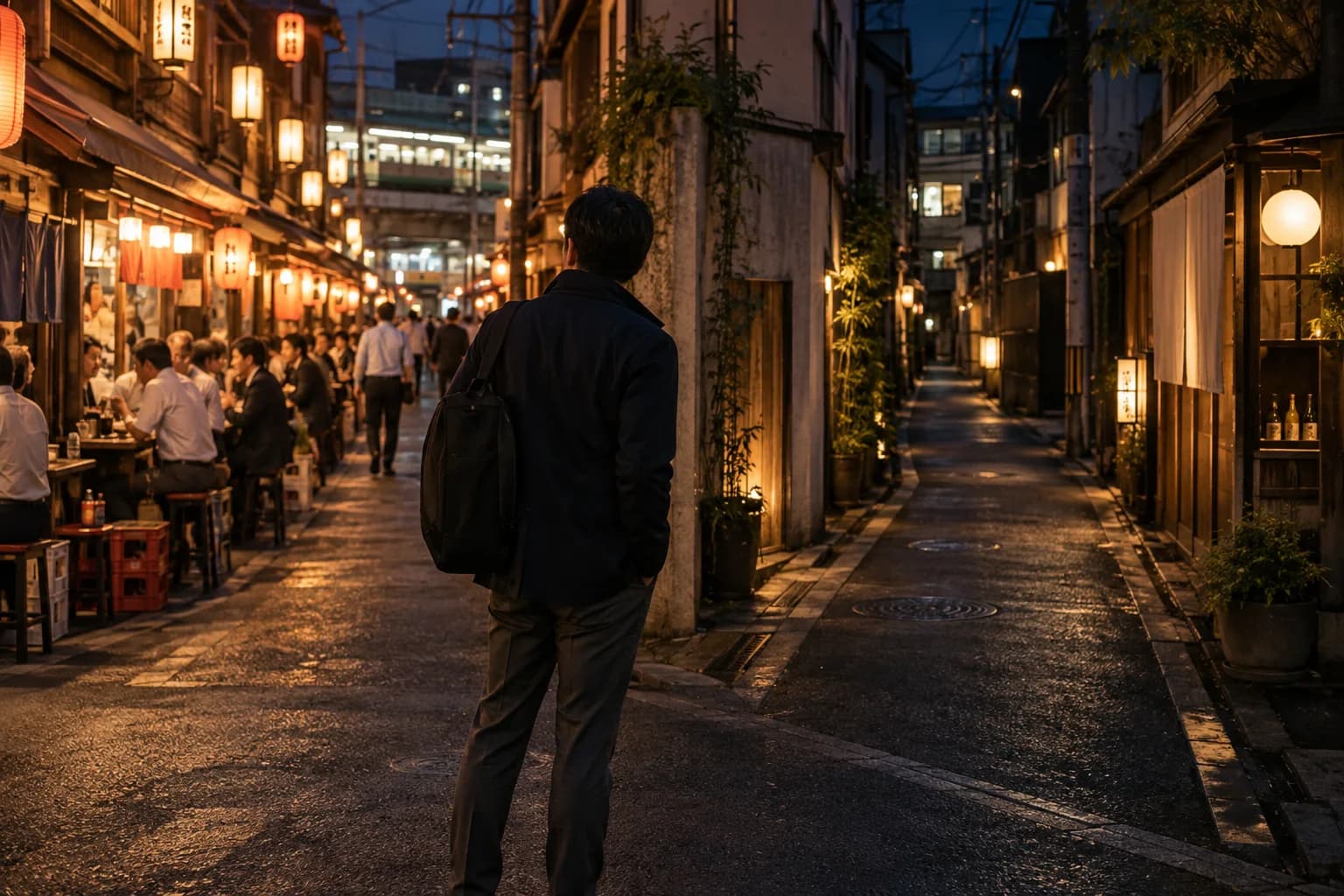 にぎやかな通りと静かな路地から今夜過ごす場所を選ぶ様子(イメージ・掲載店舗の実写ではありません)
