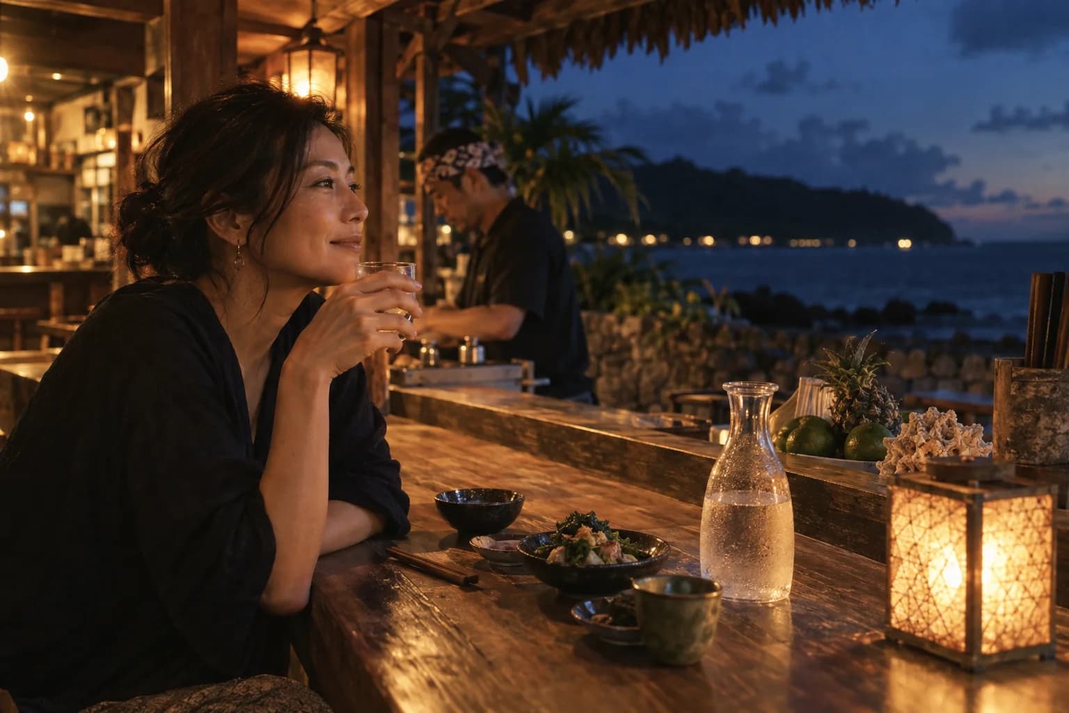 水と一緒に泡盛や小皿料理を楽しむ南国のカウンター(イメージ・掲載店舗の実写ではありません)