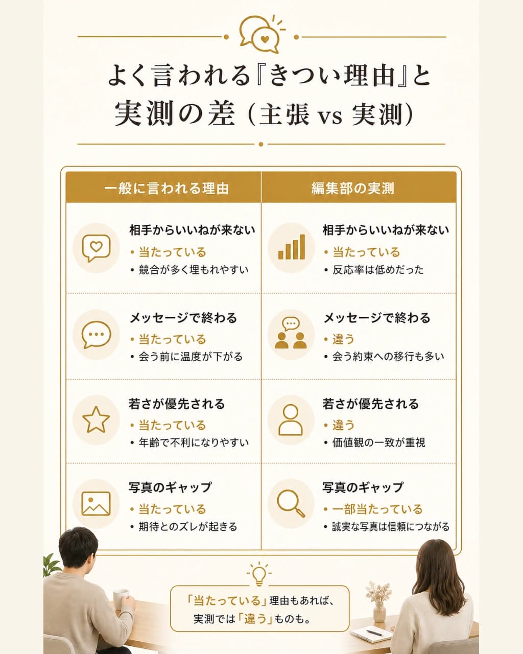 よく言われる「きつい理由」と実測値の差を対比した図解