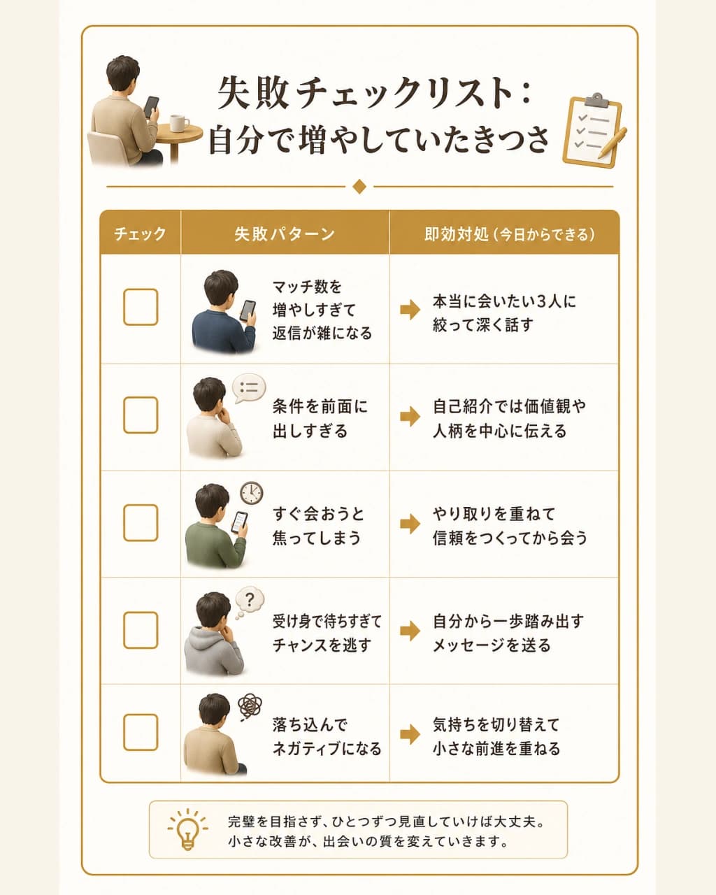 30代男性が作りがちな失敗と、すぐできる対処をまとめたチェックリストの図解
