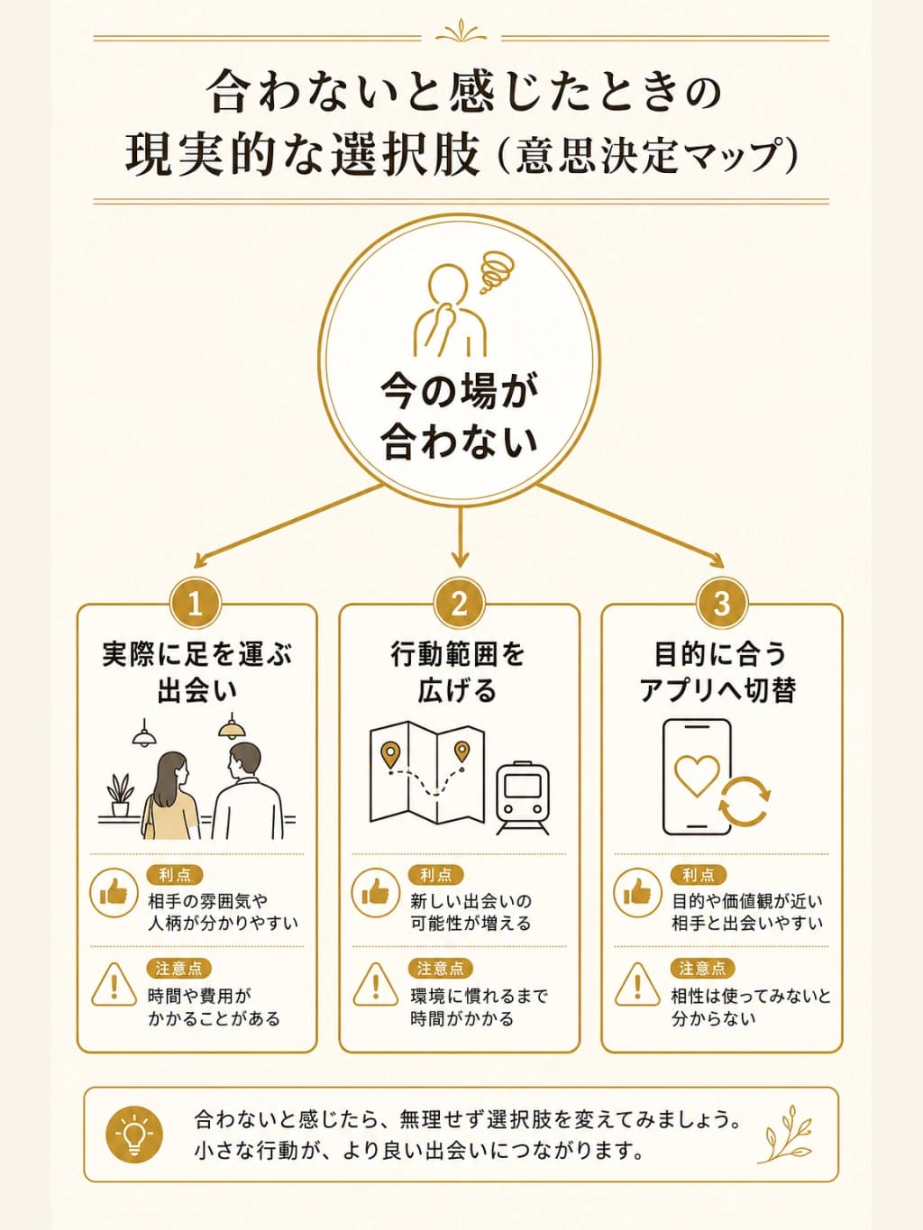 合わないと感じたときの現実的な選択肢を示した意思決定マップの図解