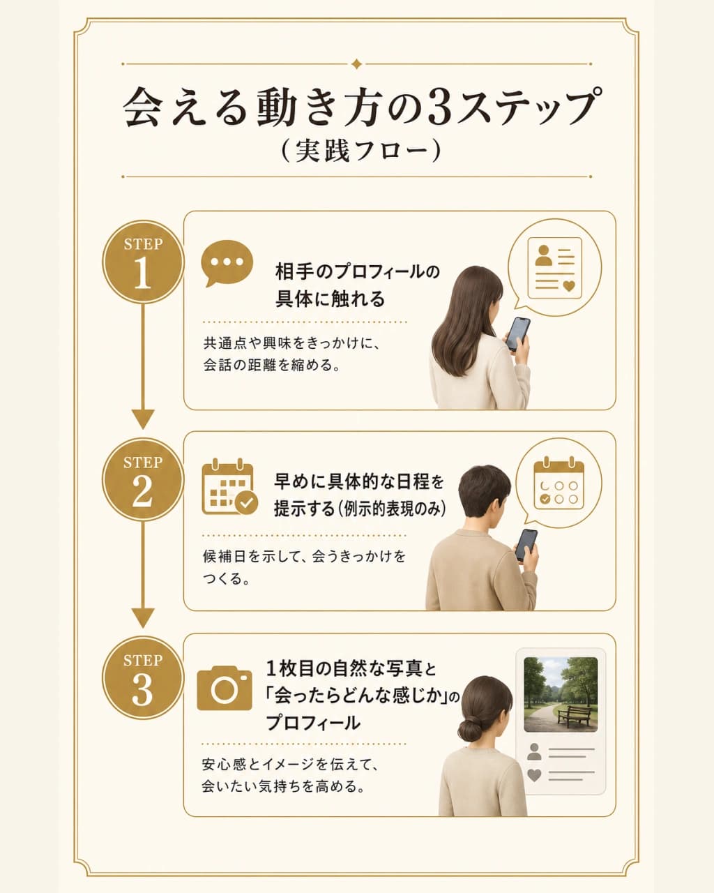会える動き方を3ステップで示した実践フローの図解