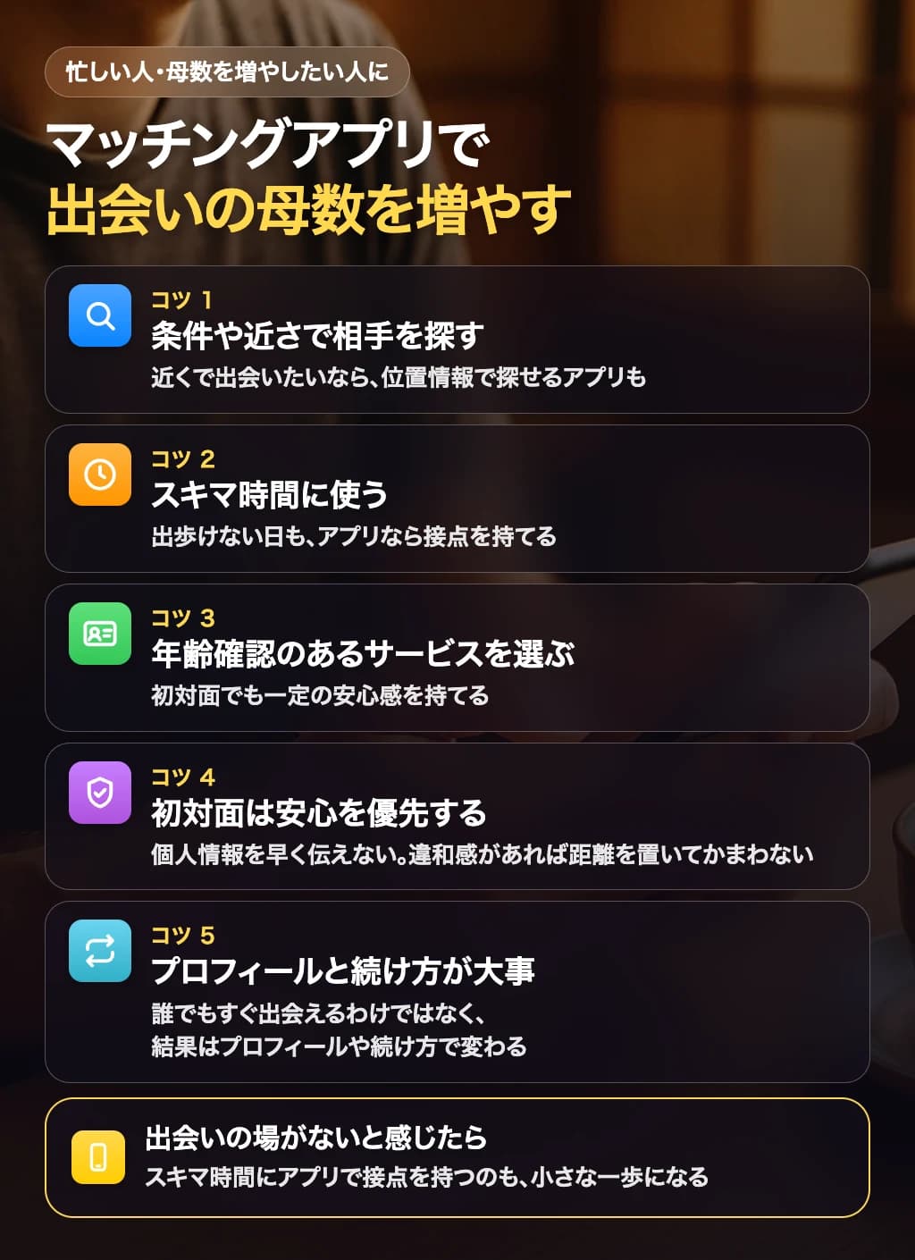 マッチングアプリで効率よく母数を増やすための使い方を示した図解