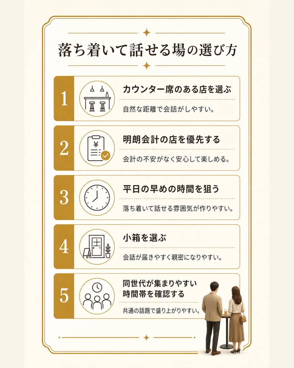落ち着いて話せる出会いの場を選ぶときのポイントをまとめた図解
