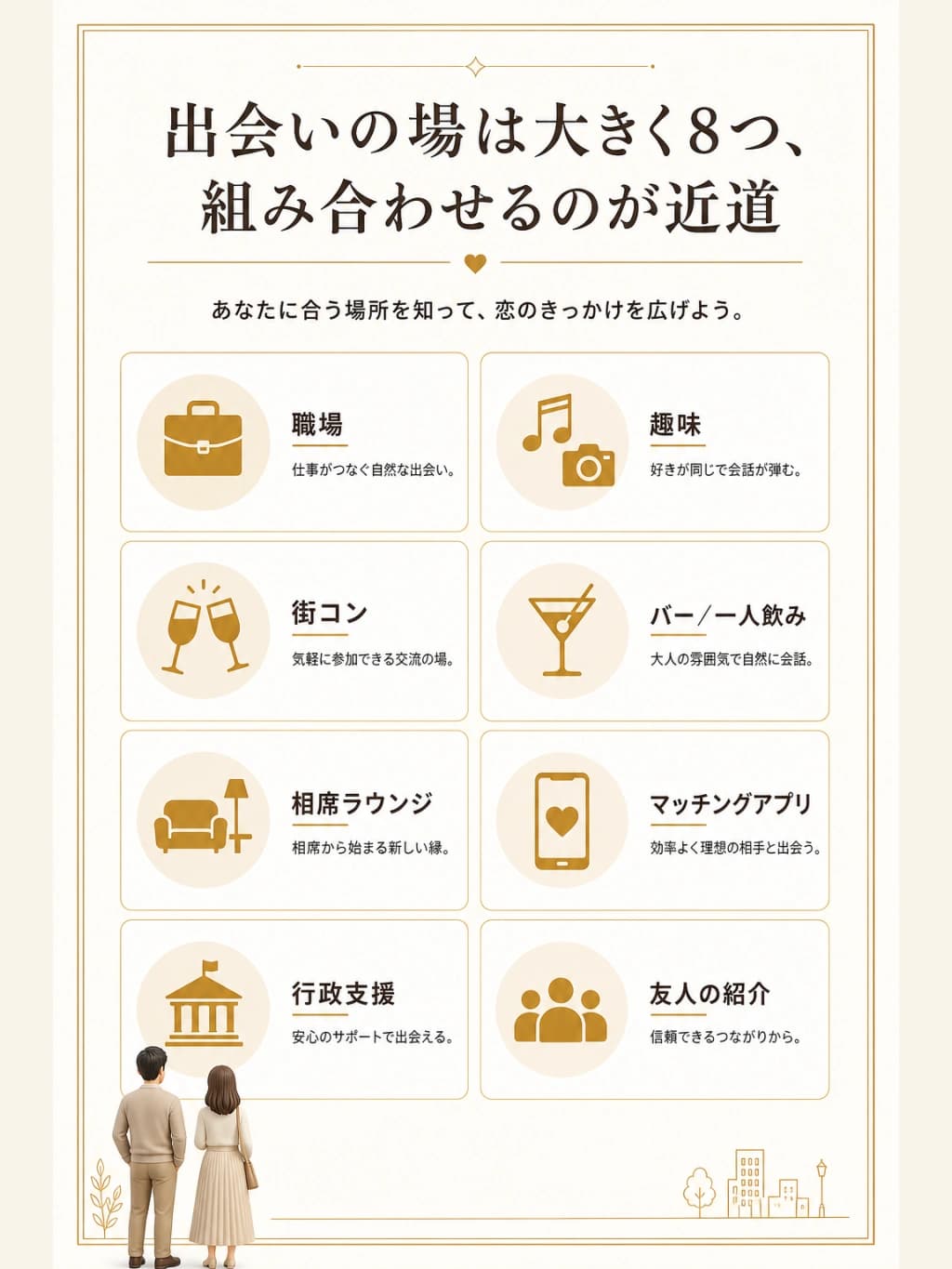 出会いの場は大きく8つに整理できることを示した図解。それぞれを組み合わせるのが近道であることをまとめている