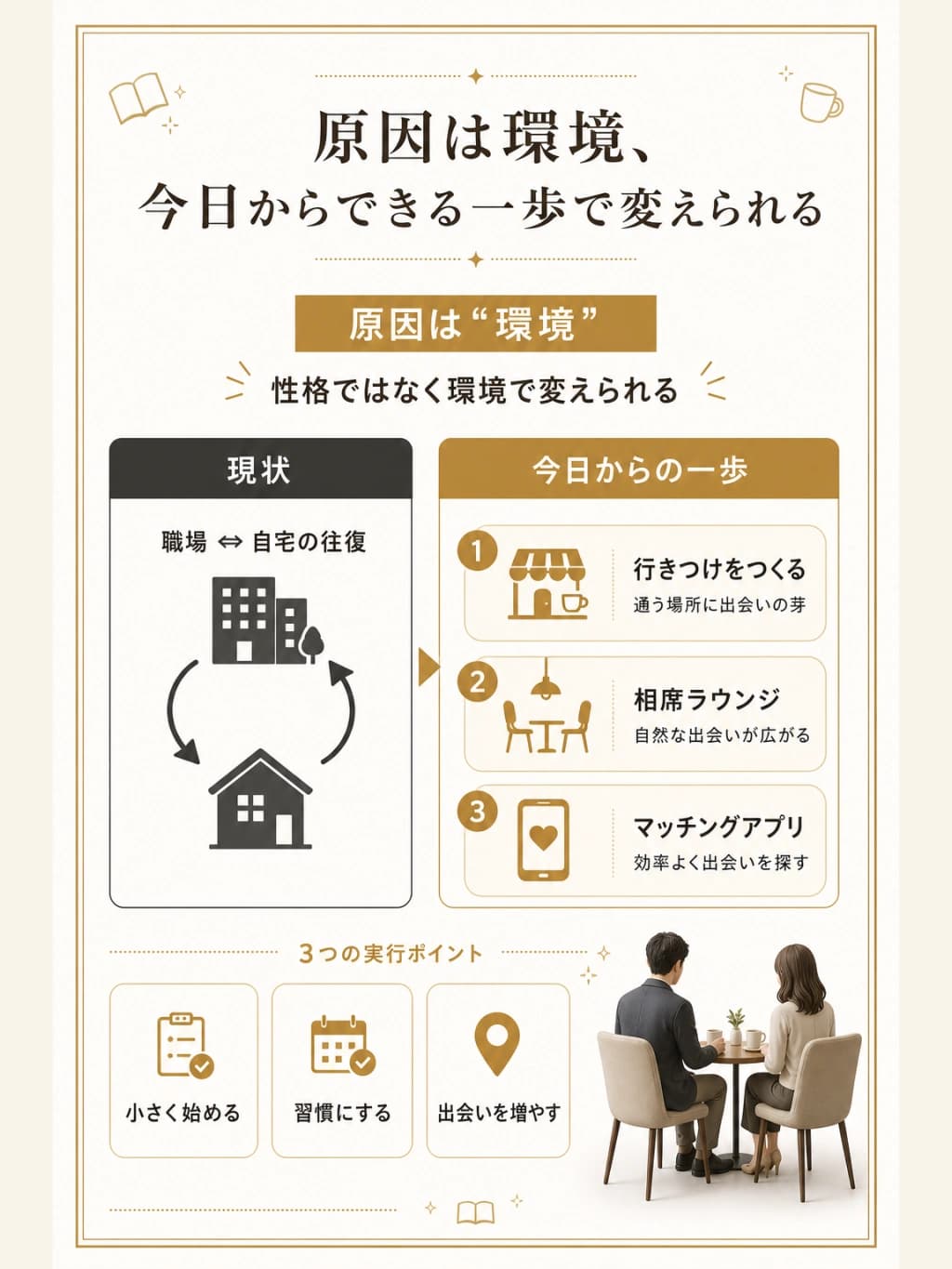 出会いがない原因は環境にあり、今日からできる一歩で変えられることを示した図解