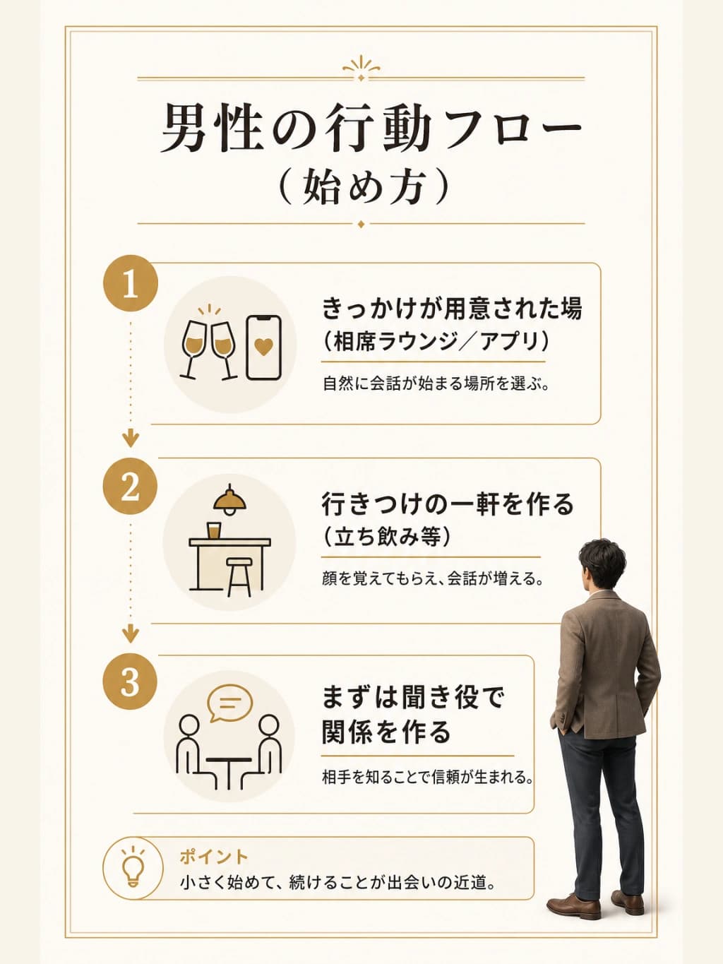 男性向けに、出会いがないときの具体的な行動を示した図解
