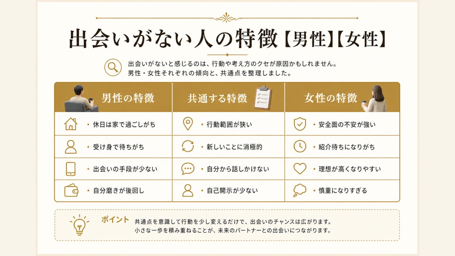 出会いがない人の特徴を男性と女性に分けて整理した図解