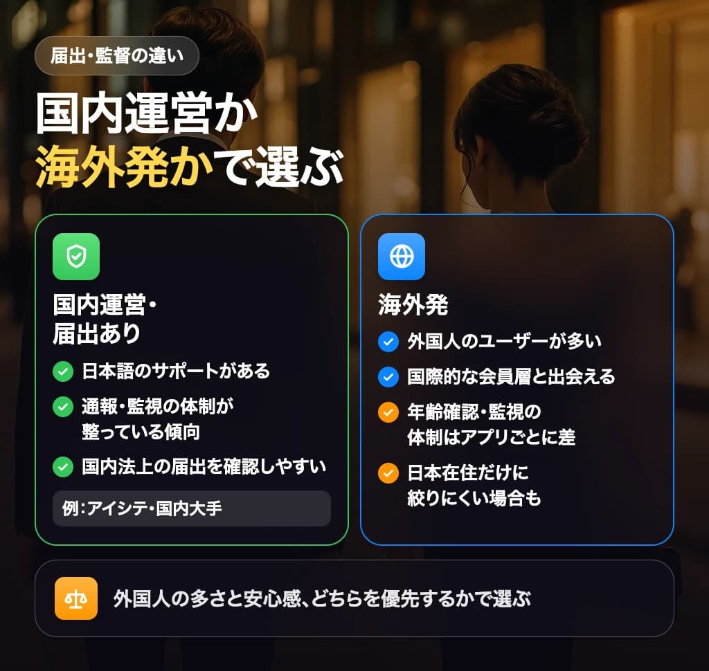 国内運営で届出のあるアプリと海外発で日本の届出を確認できないアプリの特徴を比較した図解