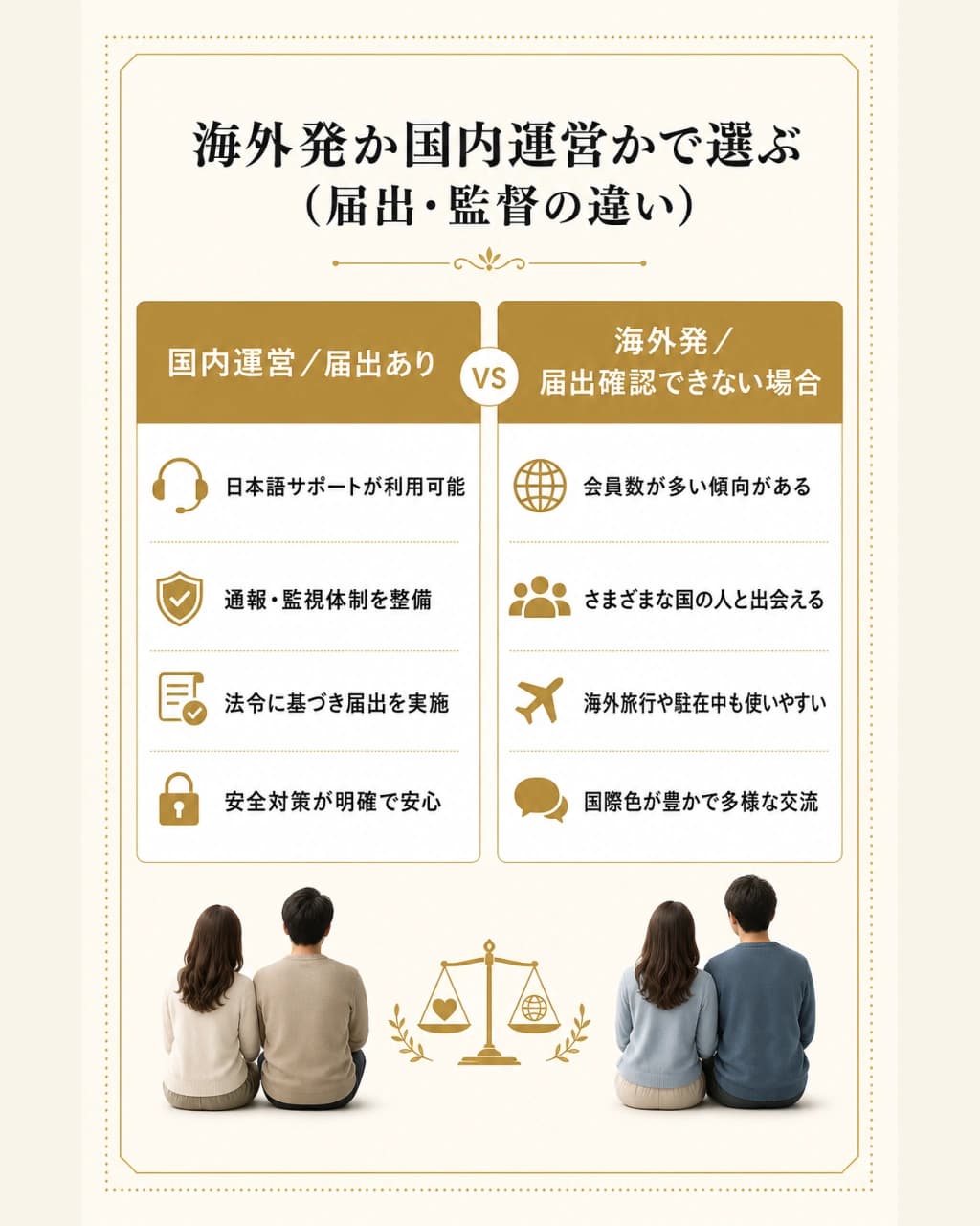 国内運営で届出のあるアプリと海外発で日本の届出を確認できないアプリの特徴を比較した図解