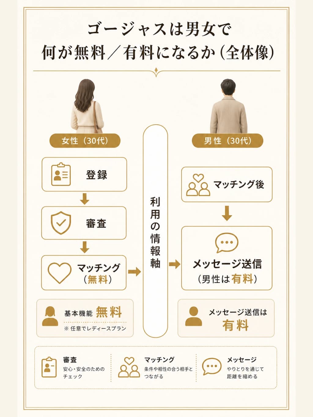 ゴージャスは男女で何が無料・有料になるかの全体像を示した図解