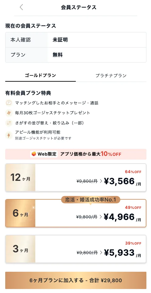 Web決済ページのゴールドプラン価格。Web限定でアプリ価格から最大10%OFFの表示。12ヶ月は月3,566円で64%OFF、6ヶ月は月4,966円で49%OFF、3ヶ月は月5,933円で39%OFF