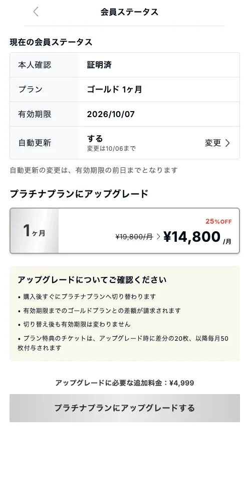 ゴージャスの会員ステータス画面。本人確認は証明済、プランはゴールド1ヶ月、有効期限2026/10/07、自動更新する(変更は10/06まで)。プラチナへのアップグレードは追加料金4,999円と表示