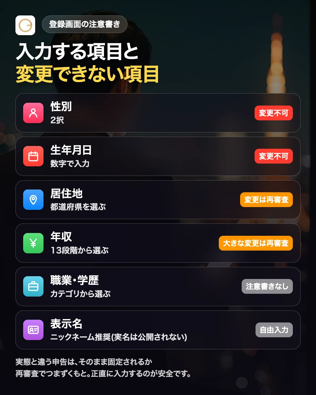 ゴージャスの審査で入力する項目と変更できない項目を整理した図解