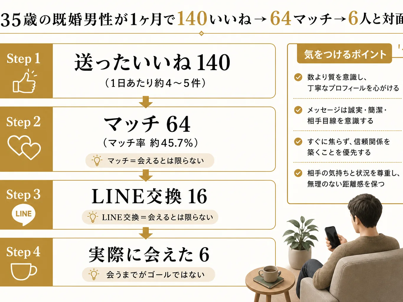 いいね140件から対面までのステップ
