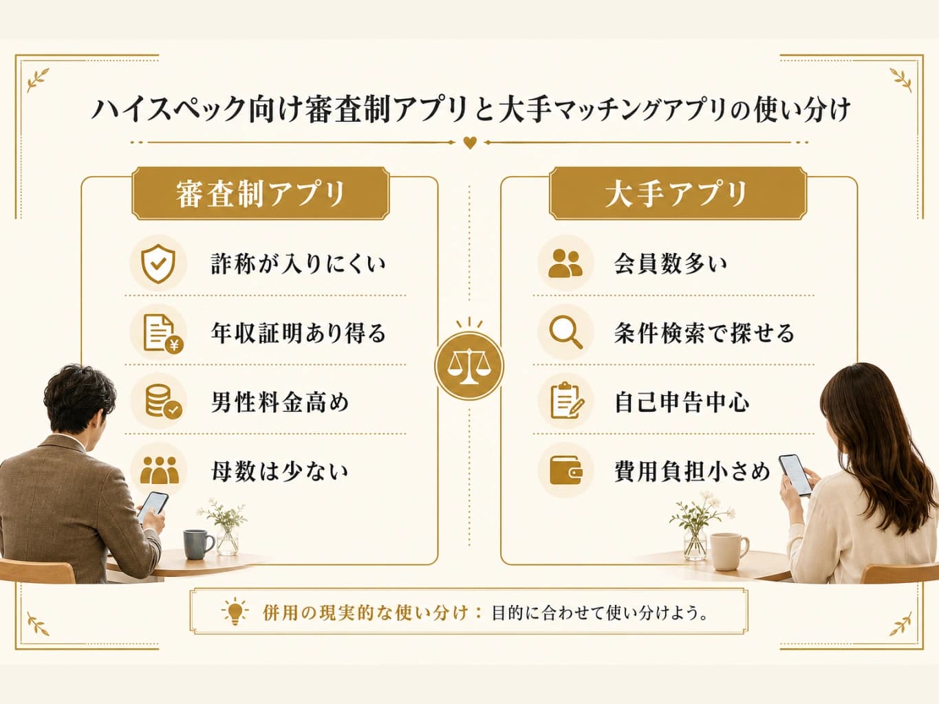 ハイスペック向け審査制アプリと大手マッチングアプリの特徴を比較した図解