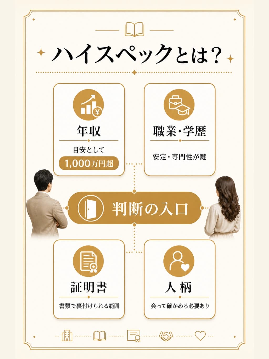 ハイスペック男性を年収、職業と学歴、証明書、人柄の4点から判断する考え方の図解