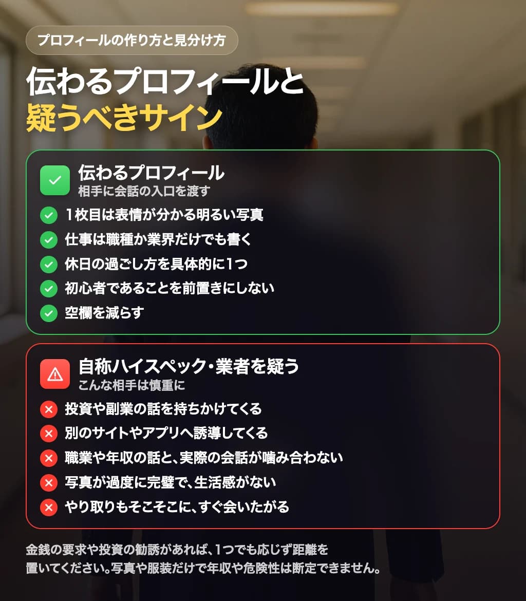 ハイスペック向けアプリで伝わるプロフィールの作り方と自称ハイスペックを疑うサインの図解
