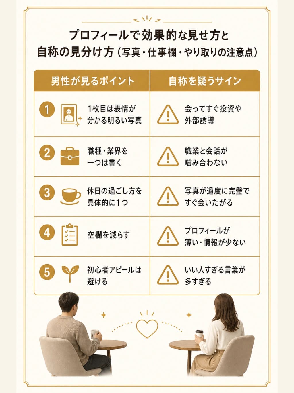 ハイスペック向けアプリで伝わるプロフィールの作り方と自称ハイスペックを疑うサインの図解