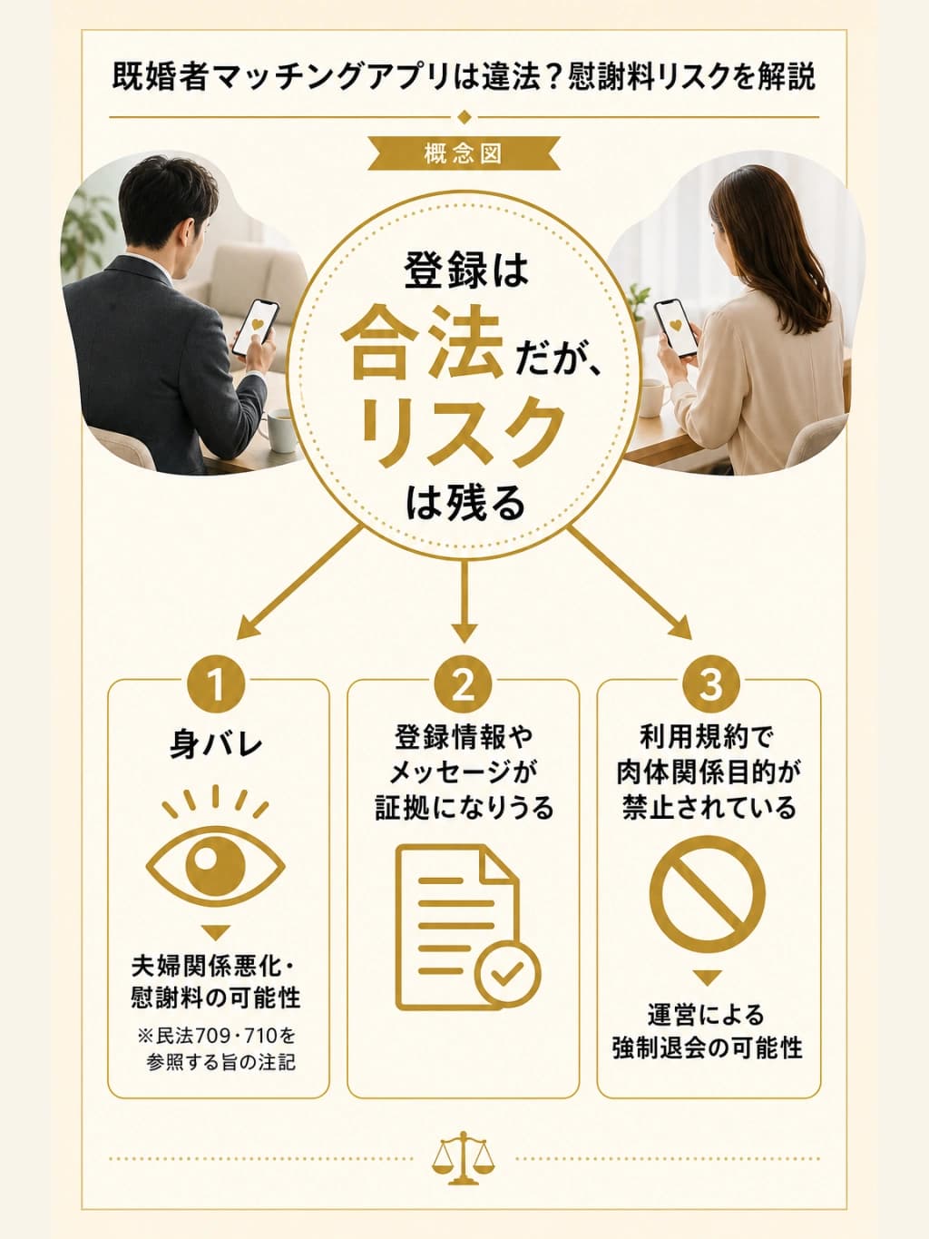 既婚者マッチングアプリへの登録と利用に伴う身バレ、証拠、利用規約上のリスクを整理した図解