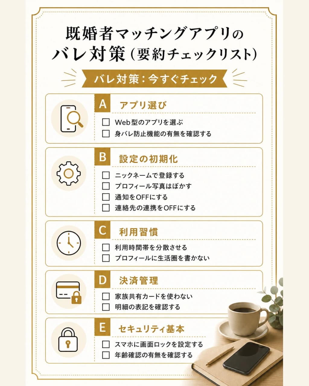 既婚者マッチングアプリのアプリ選び、初期設定、利用習慣、決済、端末管理に関する身バレ対策チェックリストの図解