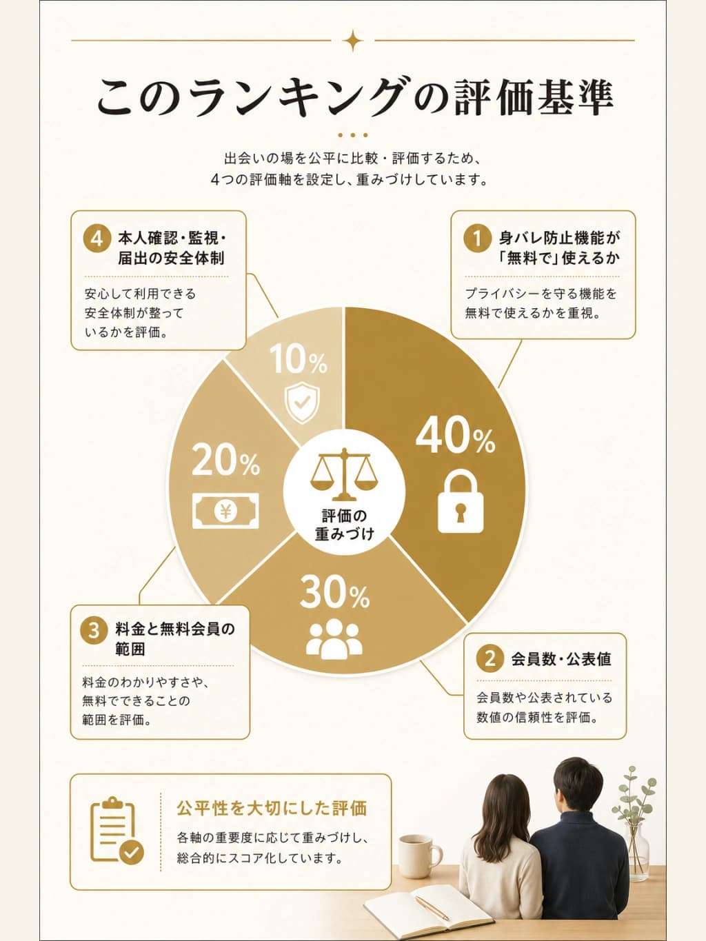 既婚者マッチングアプリランキングを身バレ防止、会員数、料金、安全体制の4軸で評価する基準の図解