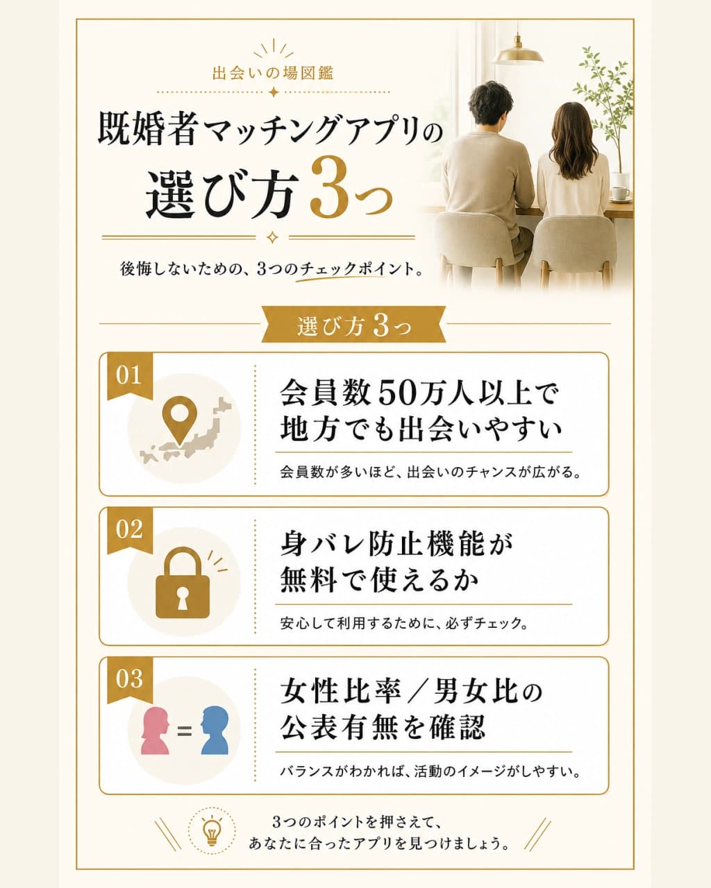 既婚者マッチングアプリを会員数、無料の身バレ防止機能、男女比の公表有無で選ぶ3つの基準の図解