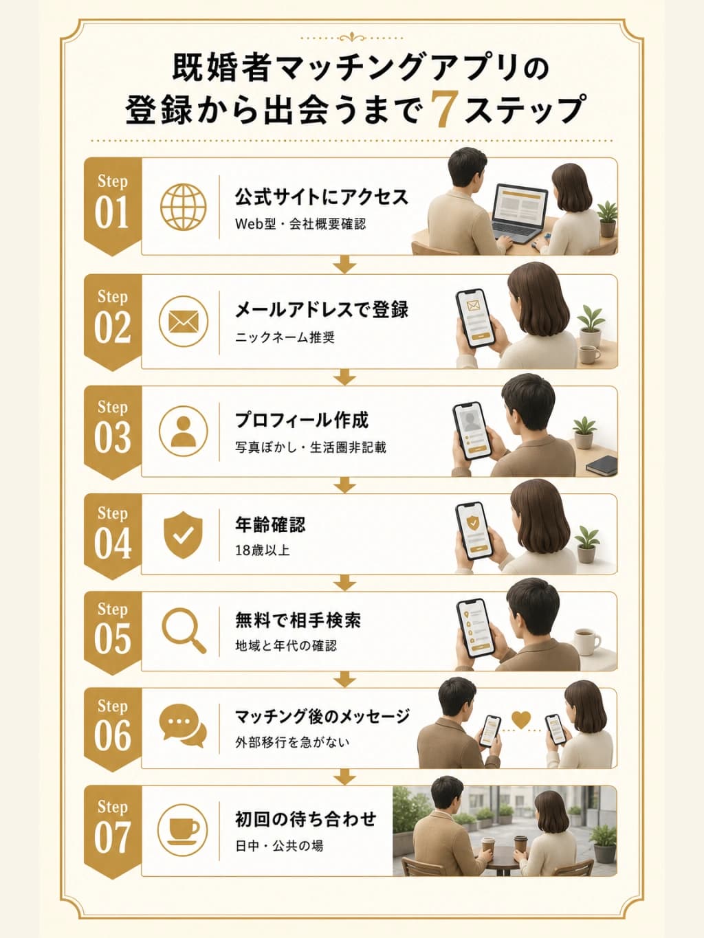 既婚者マッチングアプリの公式確認、登録、プロフィール、年齢確認、検索、メッセージ、初対面までの7ステップ図解