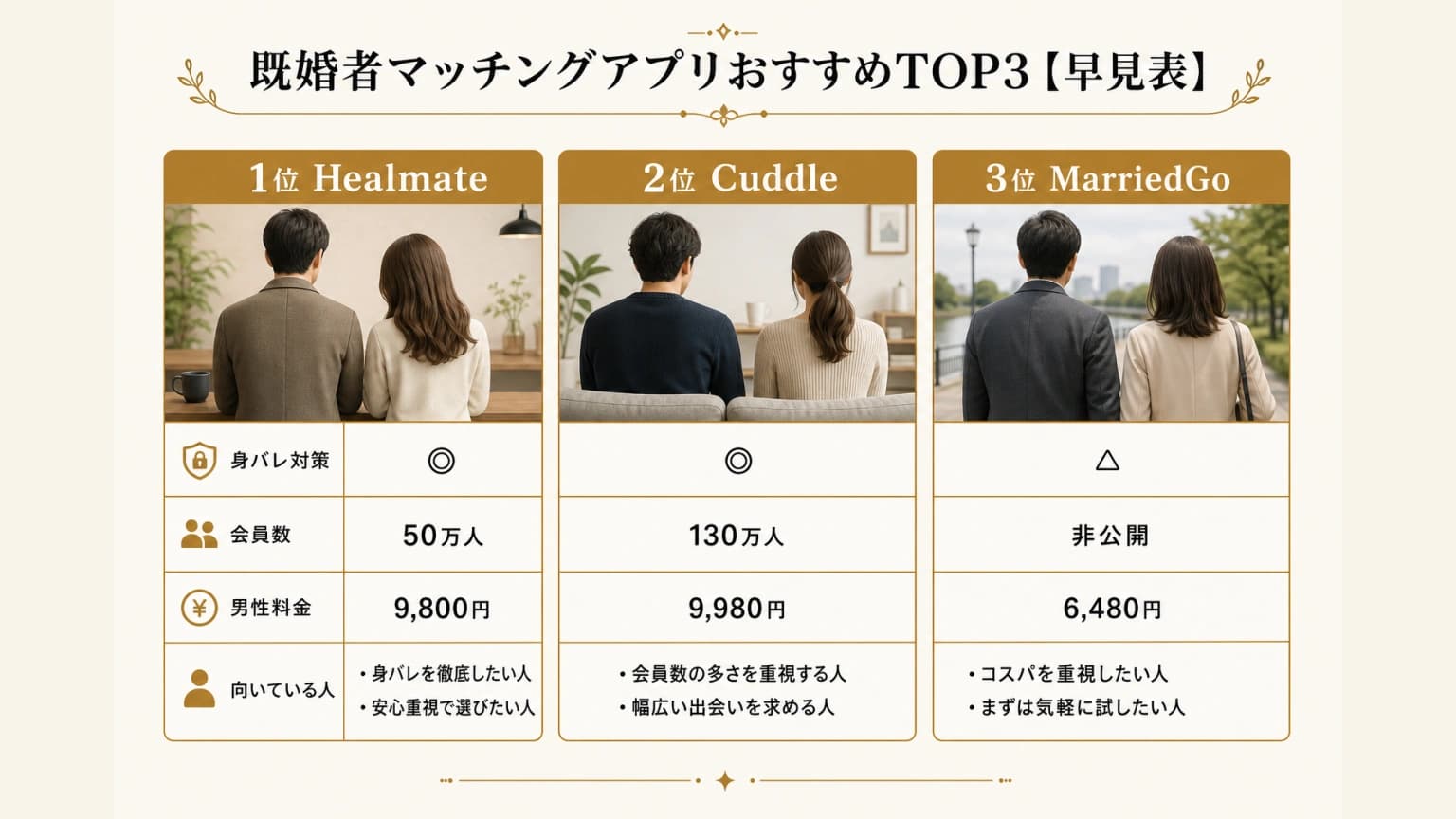 既婚者マッチングアプリおすすめ上位3サービスの身バレ対策、会員数、男性料金、向いている人を比較した図解