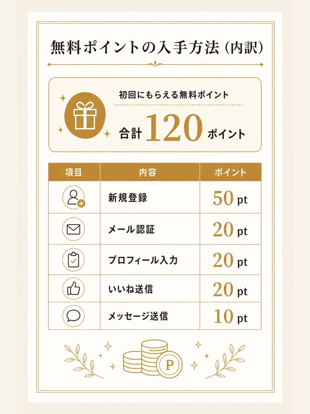 ハッピーメールの無料ポイントの入手方法の図解。登録時などにもらえる無料ポイントの内訳を示している