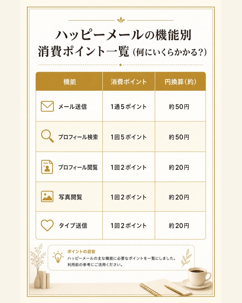 ハッピーメールの機能別の消費ポイント一覧の図解。メール送信やプロフィール閲覧など、機能ごとに何ポイント必要かをまとめている