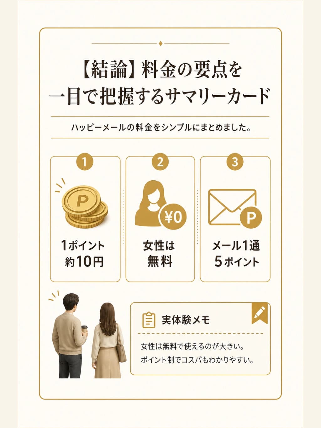 ハッピーメールの料金の要点をまとめたサマリーカードの図解。1ポイント約10円のポイント制であることと女性無料の要点を示している