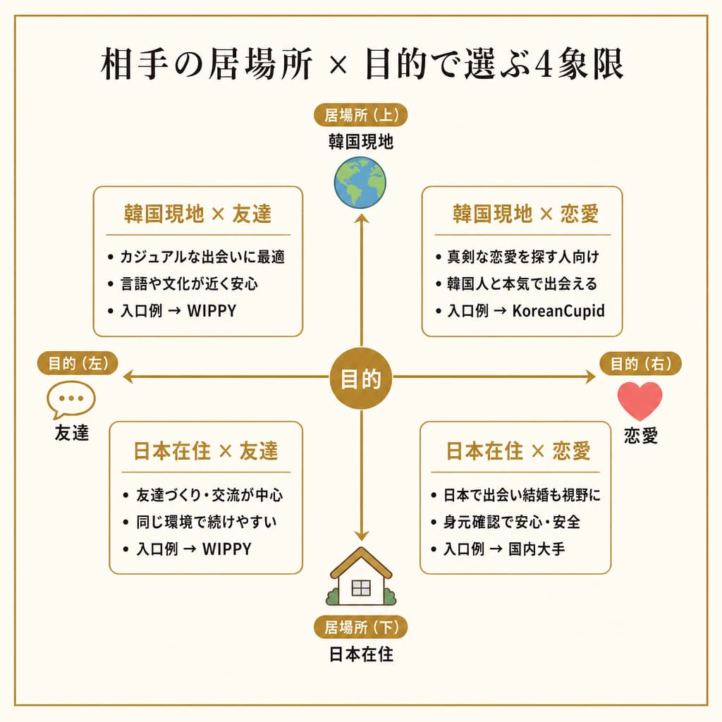 韓国人との出会い方を日本在住か韓国現地か、友達か恋愛かで分けた4象限の図解