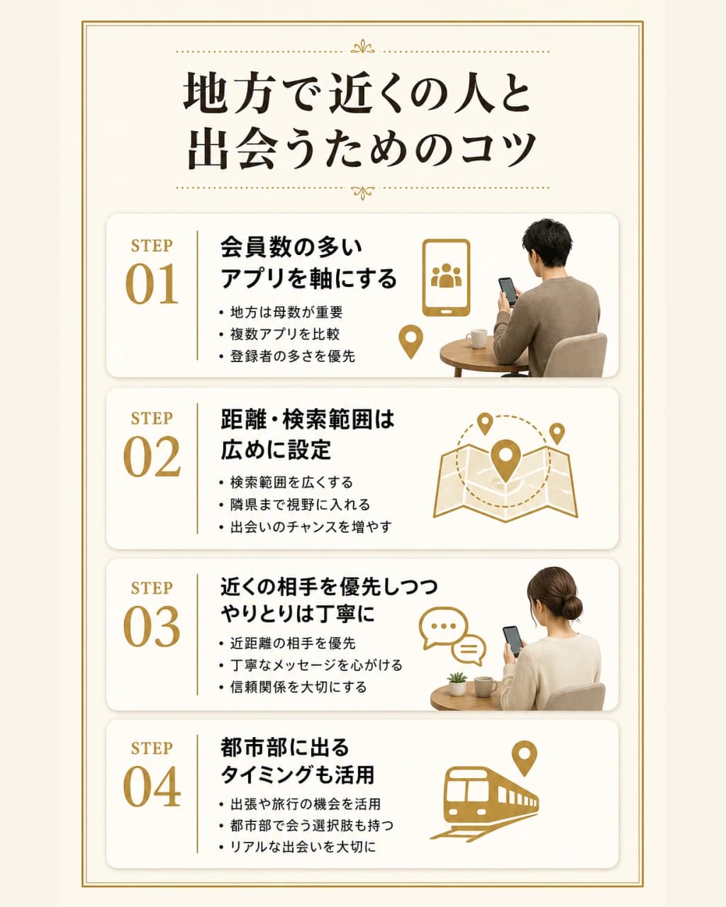 地方在住でもマッチングアプリで出会うためのコツを示した図解。近くの人と会うための検索設定やアプリ選びの考え方をまとめている