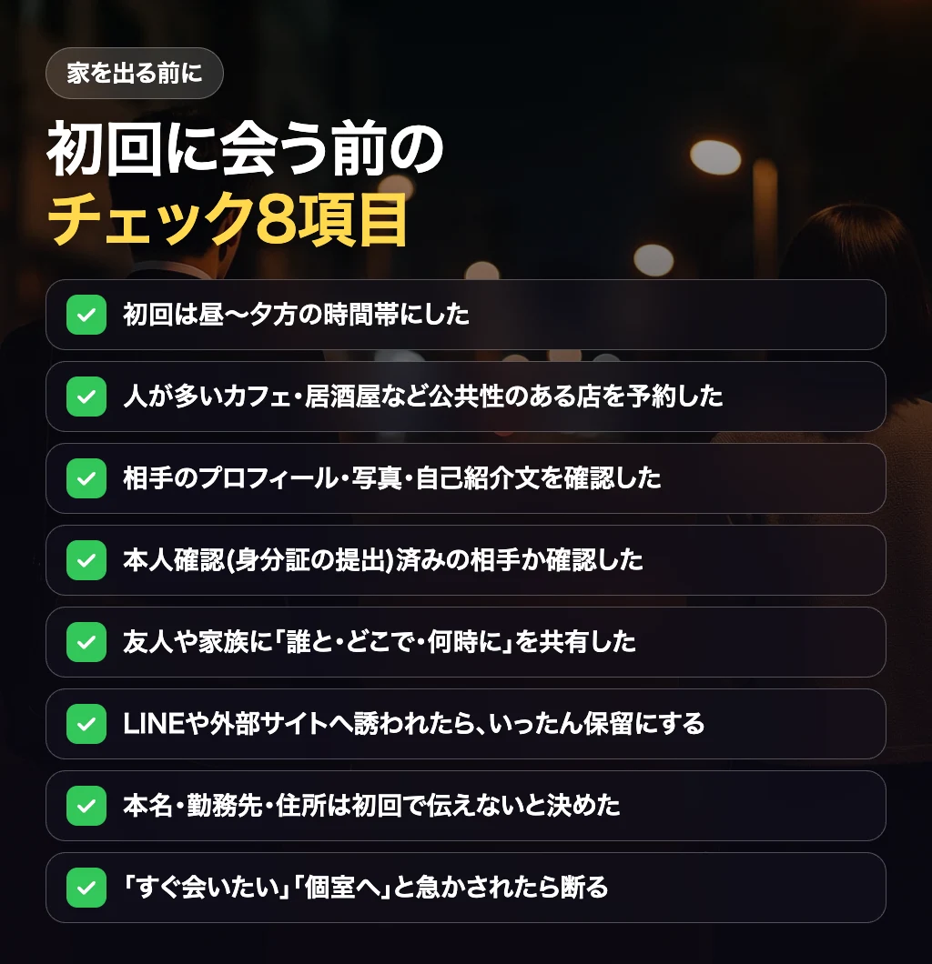 初回に会う前のチェック8項目(時間帯・店・相手の確認・共有・個人情報・断る判断)