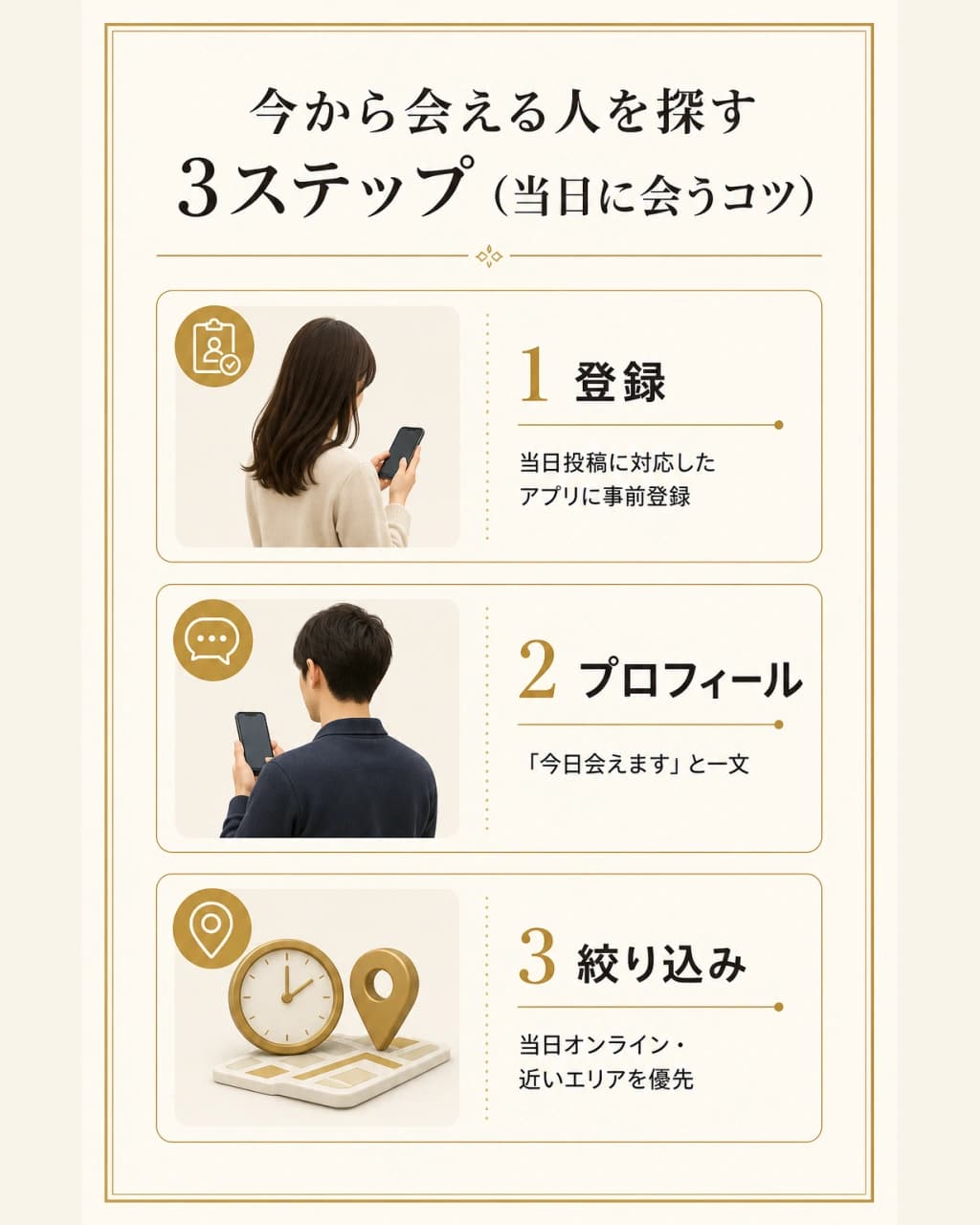 今から会える人を探す3ステップ(当日に会うコツ)