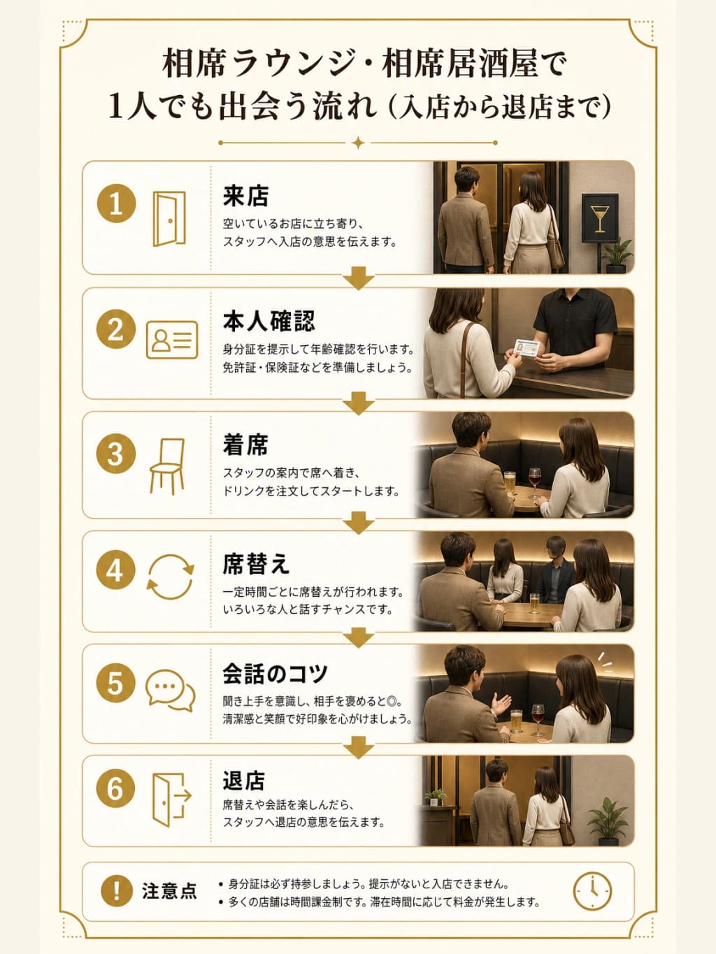 相席ラウンジ・相席居酒屋で1人でも出会う流れ(入店から退店まで)
