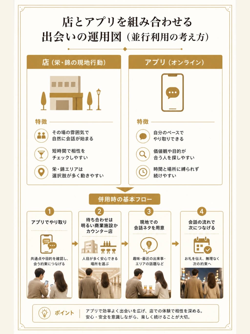 店とアプリを組み合わせる出会いの運用図(並行利用の考え方)