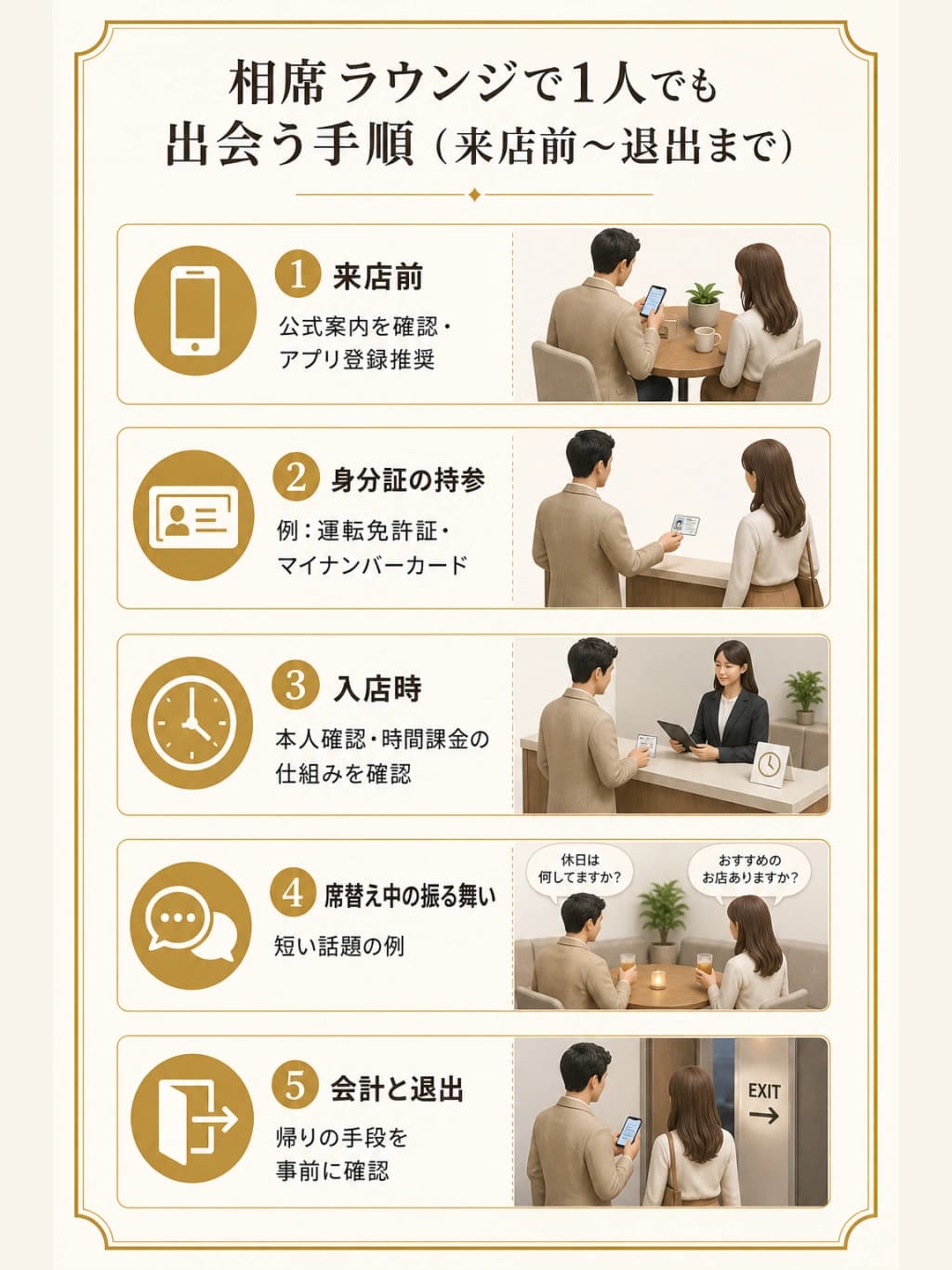 相席ラウンジで1人でも出会う手順(来店前〜退出まで)