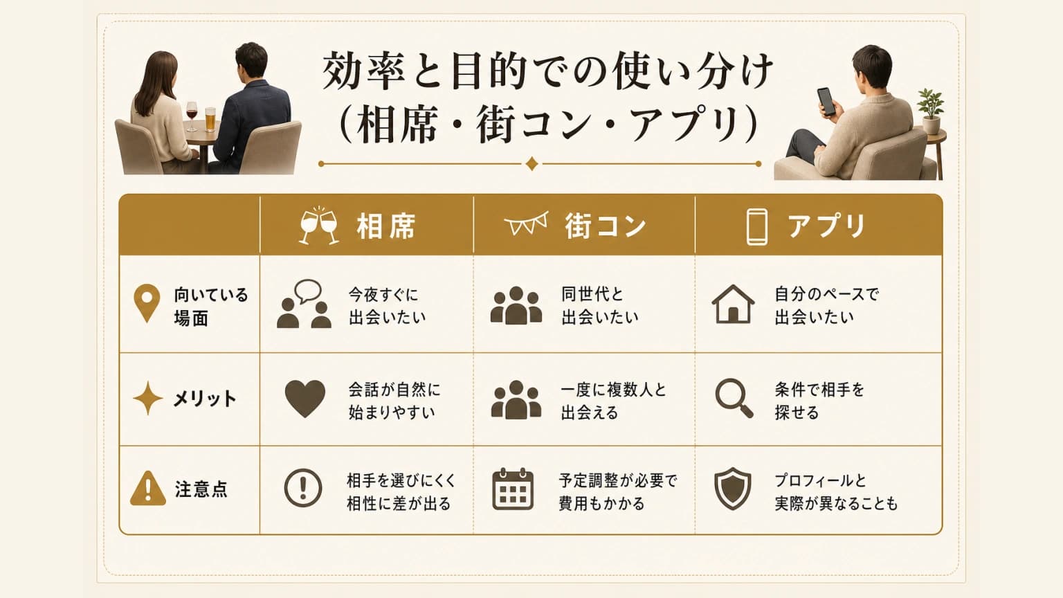 効率と目的での使い分け(相席・街コン・アプリ)
