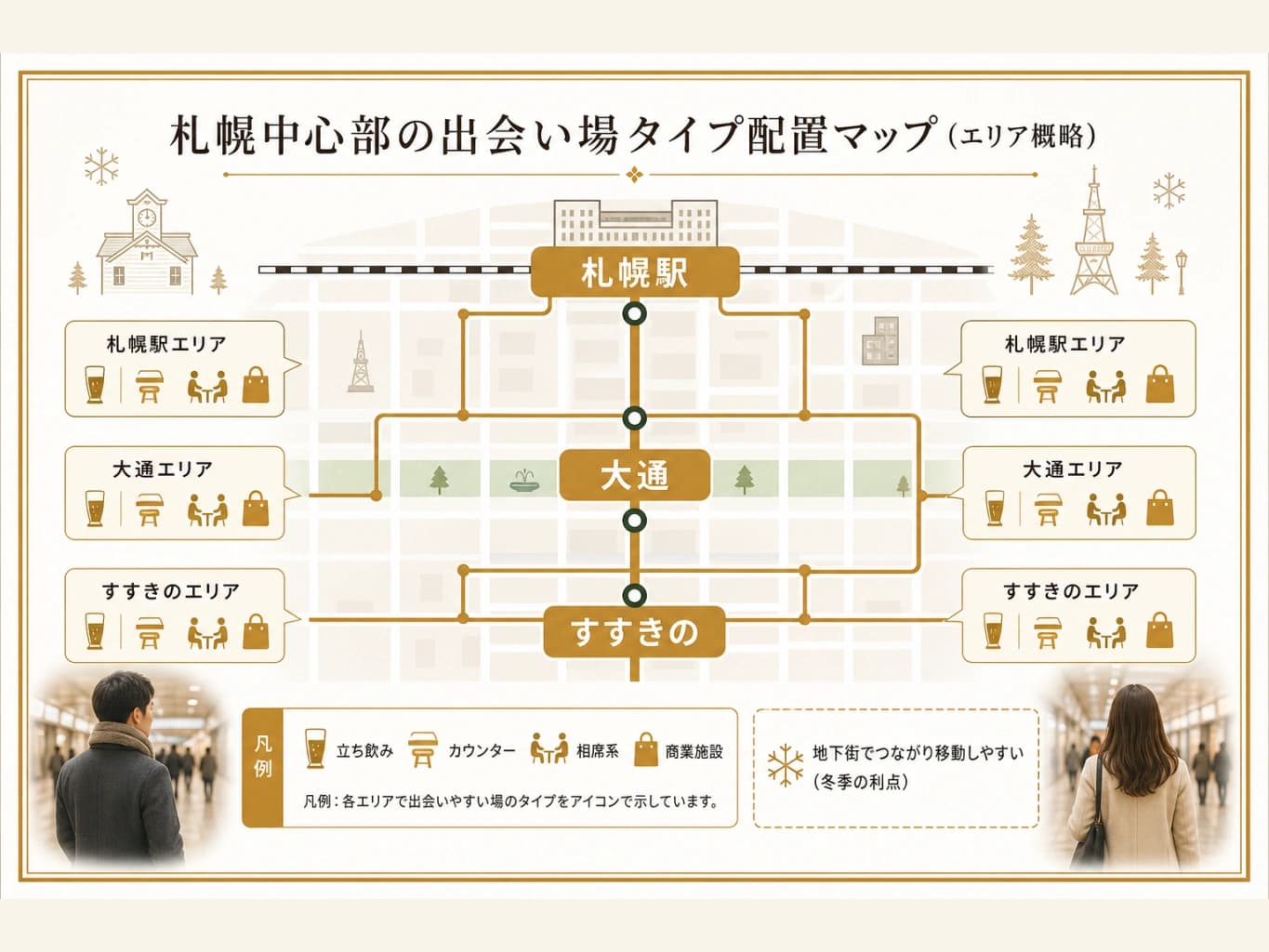 札幌中心部の出会い場タイプ配置マップ(エリア概略)