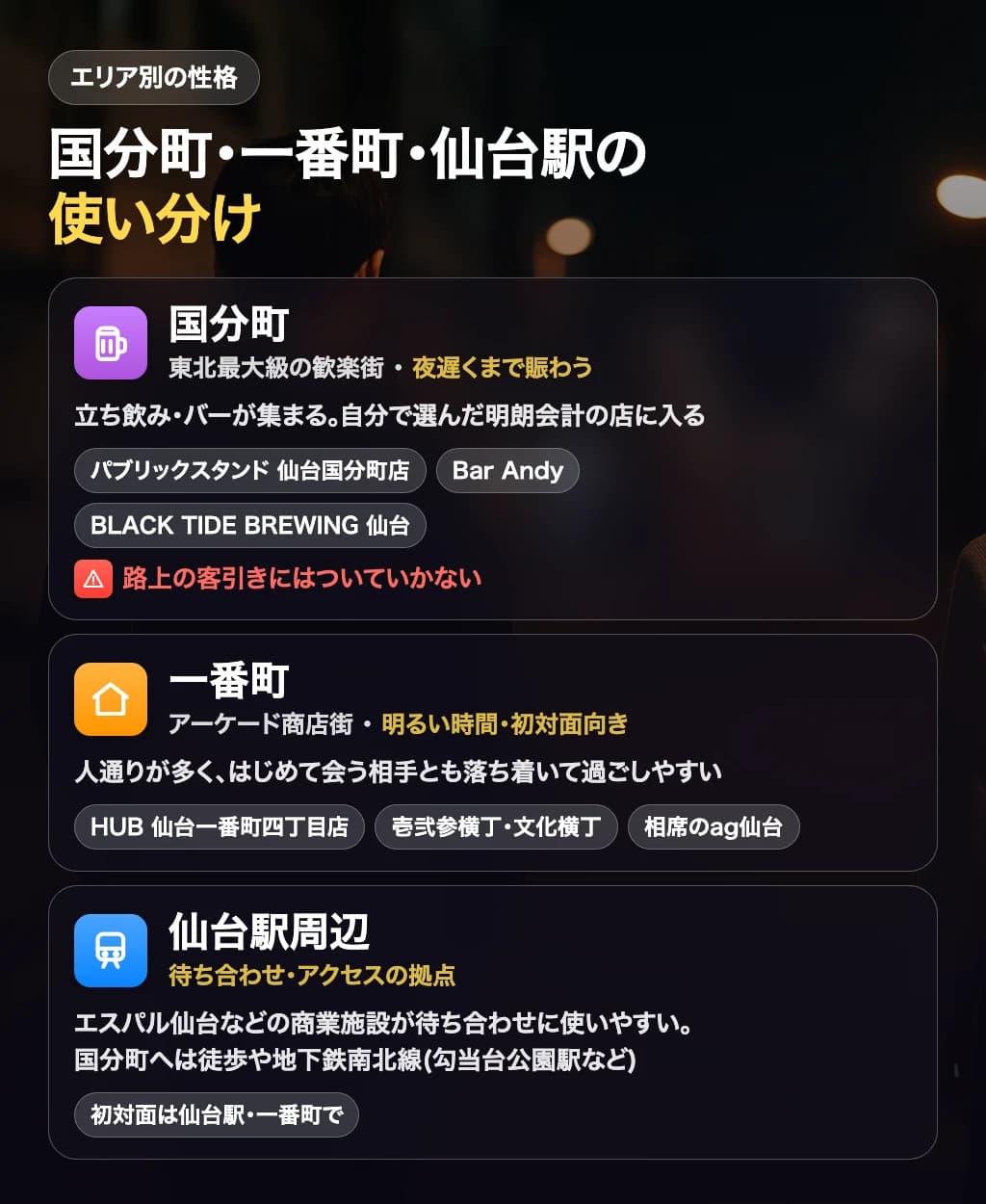 国分町・一番町・仙台駅の使い分け(エリア別の性格)