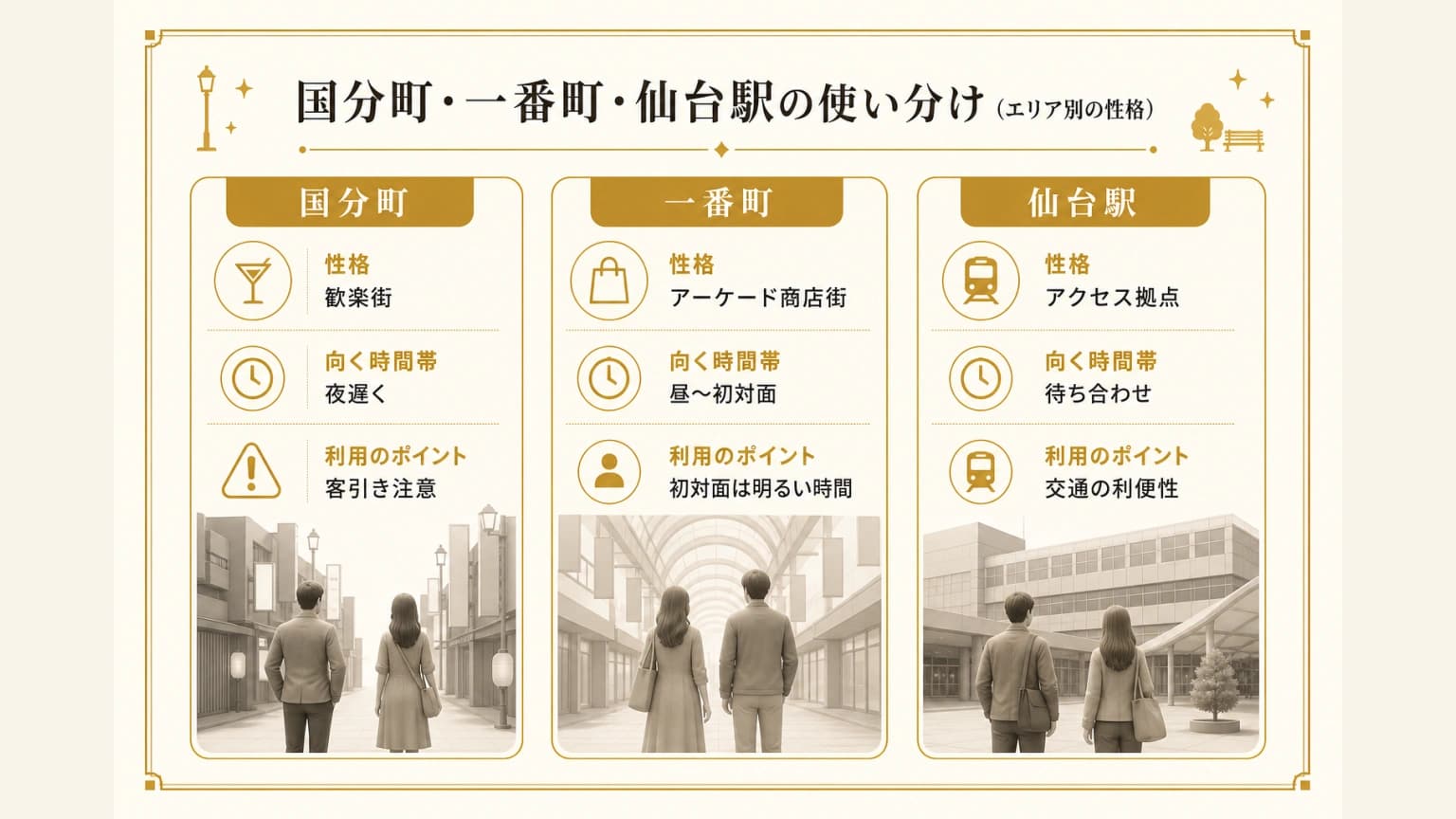 国分町・一番町・仙台駅の使い分け(エリア別の性格)