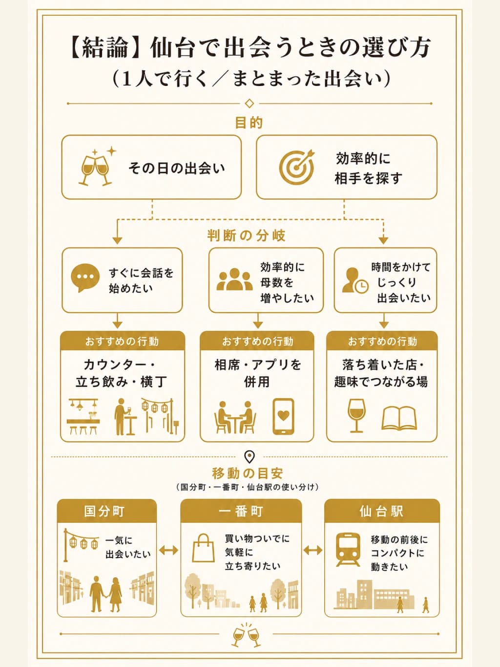 仙台で出会うときの選び方(1人で行く・まとまった出会い)
