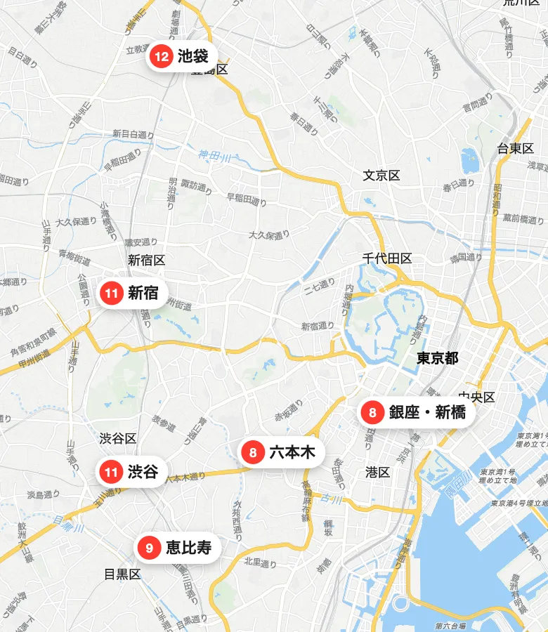 東京の掲載エリア(池袋・新宿・渋谷・恵比寿・六本木・銀座・新橋)と一人で入りやすい店の数を示した地図