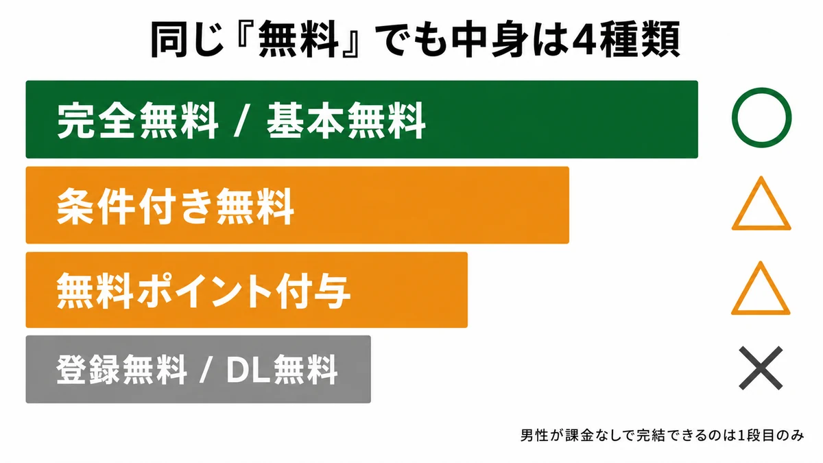 「無料」表記の4分類を男性の到達度とともに整理した図解。①完全無料/基本無料＝検索・マッチ・メッセージが恒常無料で男性も課金なしで完結できる（◯）。②条件付き無料＝ミッションや招待・期間の条件を満たしたときだけ無料（△）。③無料ポイント付与＝配布ポイントの残高内だけ無料で使い切ると購入が必要（△）。④登録無料/ダウンロード無料＝入口だけ無料でメッセージ送信など先の機能で課金が発生（×）。